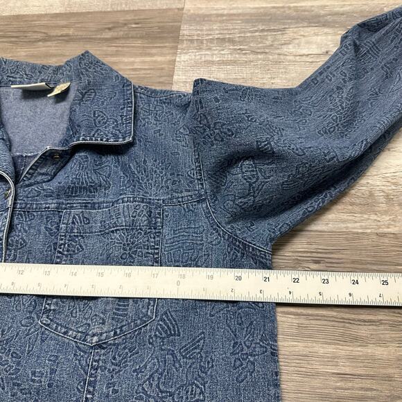 Vintage 90s Chicos Design Floral Blue Womens 2 Stretch Snap Front Denim Jacket - Picture 5 of 8